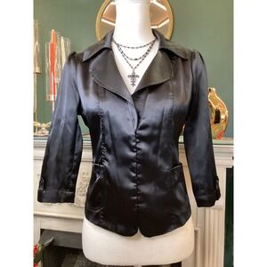 G by Guess Black Satin Cropped Blazer Jacket Hook Closure 3/4‎ Sleeve Juniors M